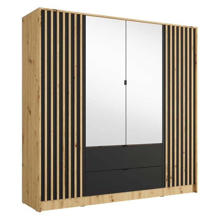 Armoire TORVIK 4 portes avec miroirs tiroirs et tasseaux chêne et noir 200 cm
