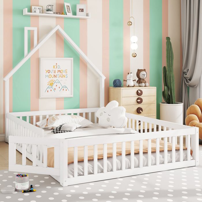 Lit enfant cheminée - 140x200 cm - Forme cheminée - Bois de pin - Blanc - Barrières de sécurité - Sommier à lattes