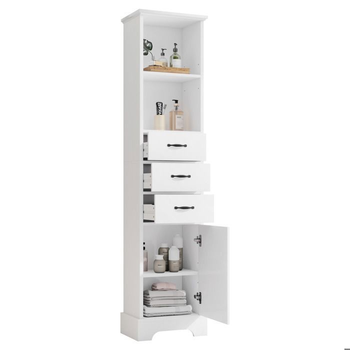 Colonne de Salle de Bain - Armoire Haute - 3 Tiroirs et Étagères Ouvertes - Étagère Réglable - 38x26x172 5 cm - Blanc