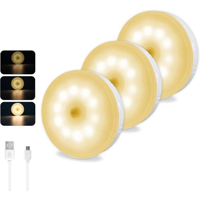 Lot de 3 détecteurs de mouvement LED 0 5 W à intensité variable Blanc chaud 3000 K 10 LED Rechargeable par Blanc Chau LAMPE A POSER