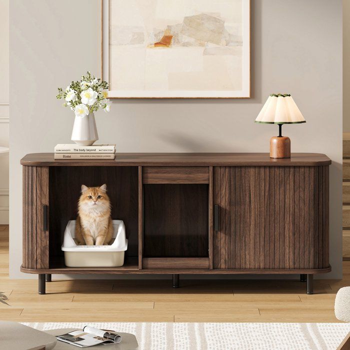 Meuble Cache Litière Chat 140x50x60 cm Armoire à Litière Double pour 2 Bacs Portes Coulissantes Tapis Anti-Litière - Effet Noyer