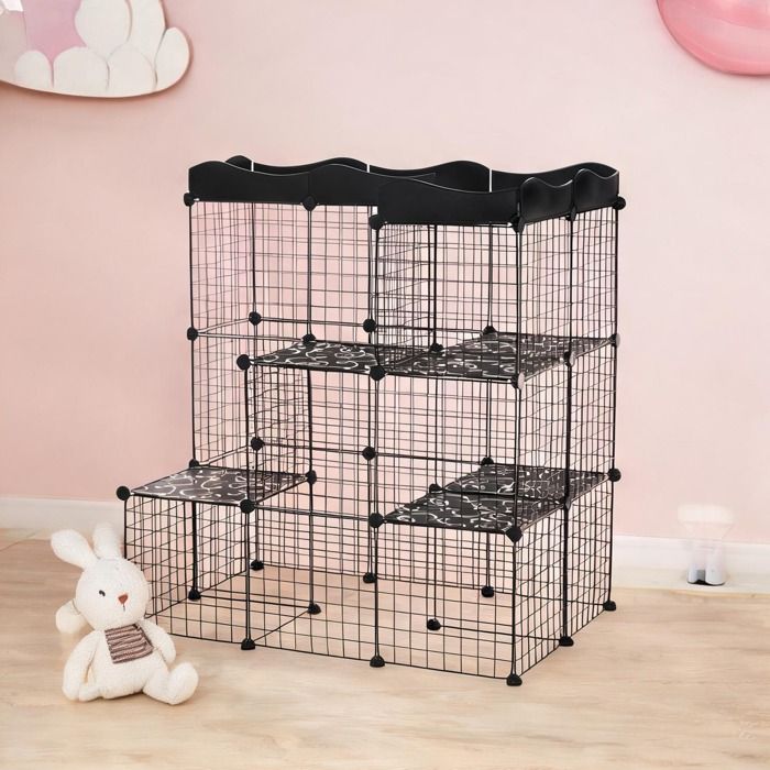 Enclos intérieur modulable 3 étages pour petits animaux 105x70x116 cm métal noir 2 portes