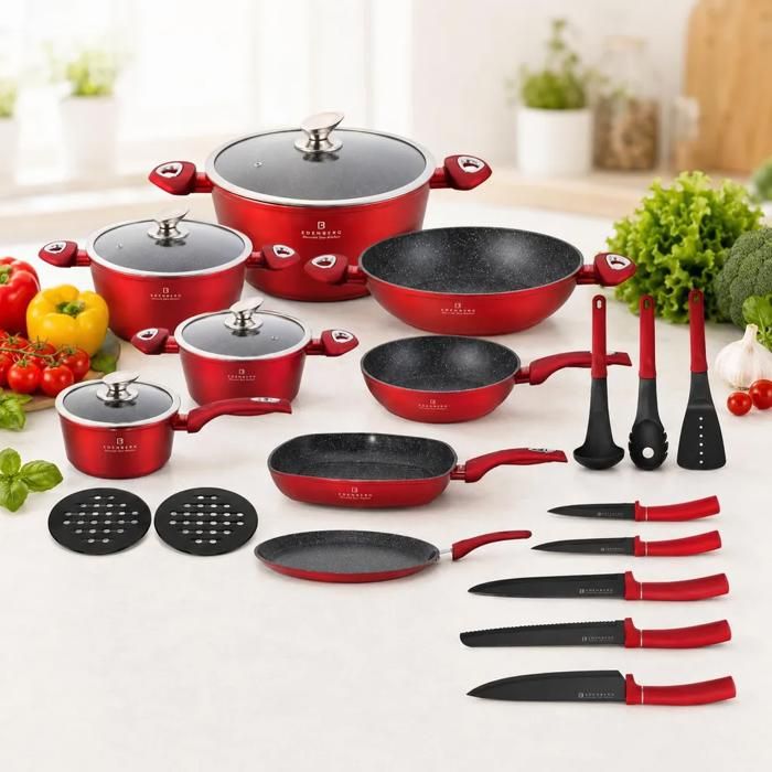 Set de batterie de cuisine Edenberg 23 pièces casseroles rouges casserole avec couvercle poêles compatible induction