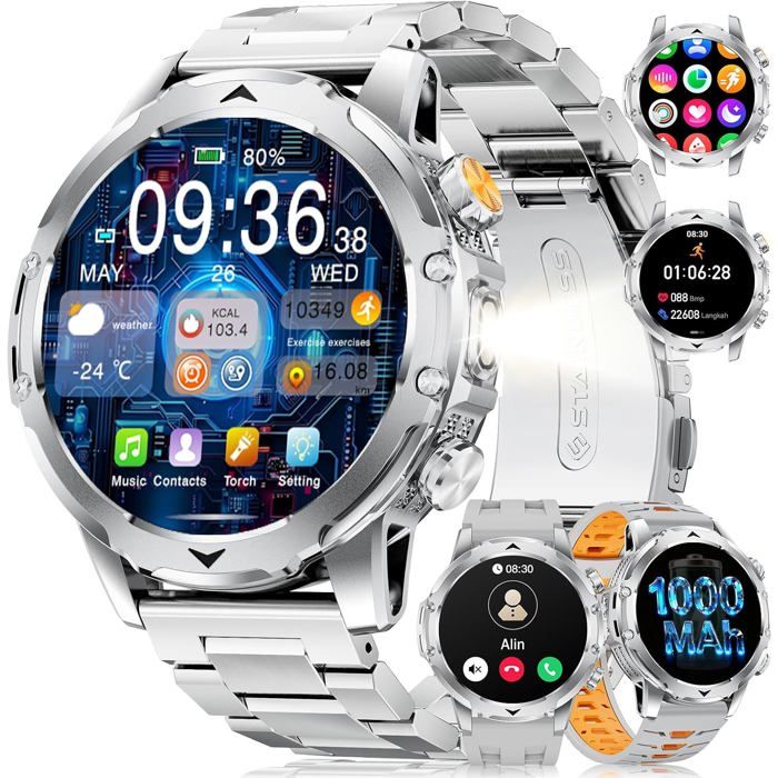 Montre Connectée Homme avec 1000mAh/3 Bracelets/1 53 HD Grand Écran/LED Lampe Smartwatch Homme