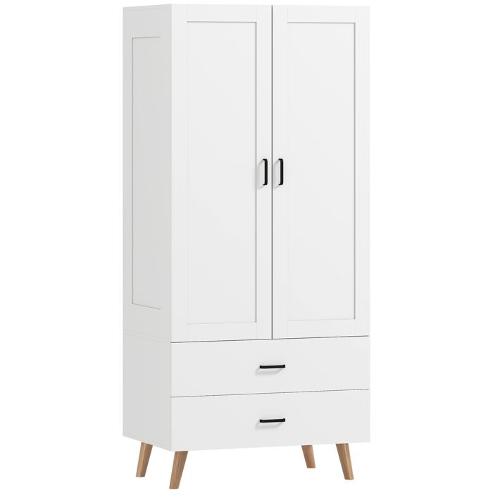 Armoire chambre penderie - HOMCOM - 2 portes à fermeture douce 2 tiroirs et barre de suspension - bois - 80x54x180cm - blanc