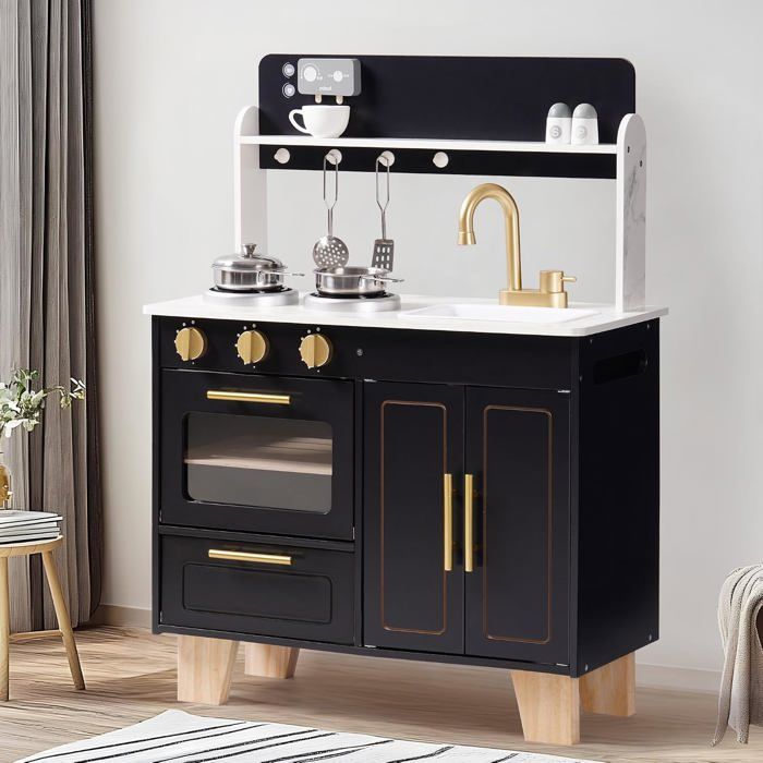 ROBUD Cuisine Enfant en Bois Style Marbre avec Four Évier Plaque de Cuisson Coin Café Rangement Dès 3 Ans