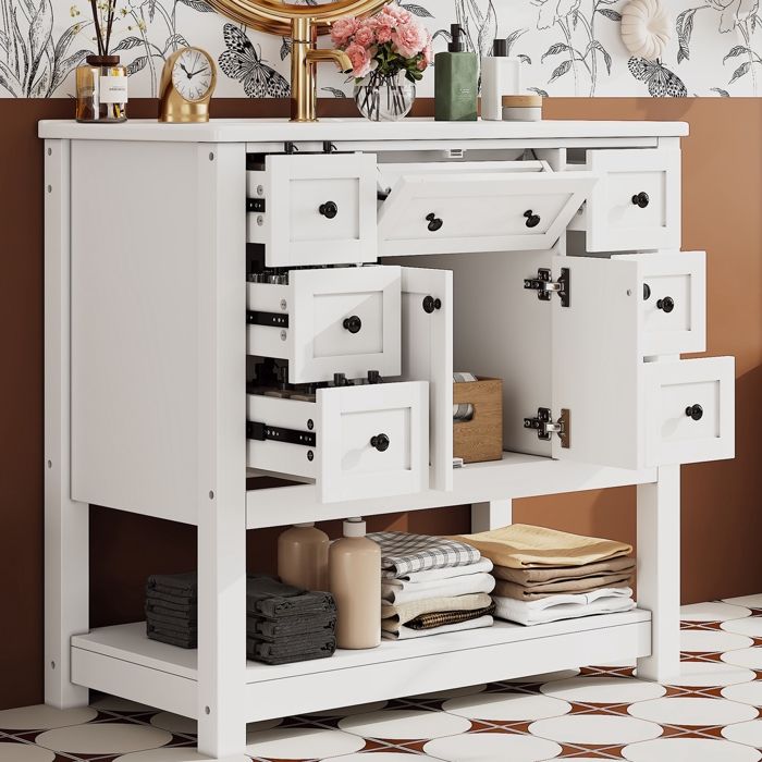 Meuble de Salle de Bain avec Lavabo-Meuble sous Lavabo avec Évier en Céramique-6 Tiroirs et Portes-91.5x46.5x90cm-Blanc