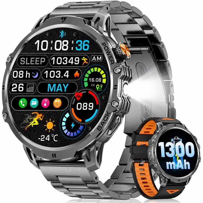 Montre connectée noire mat - Écran tactile HD 1 85 - Batterie 1300 mAh - Lampe LED intégrée - Appels Bluetooth