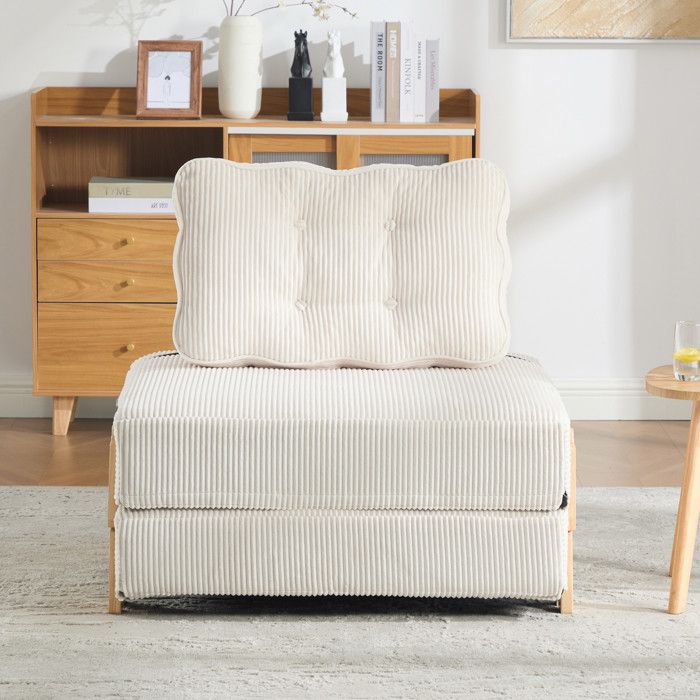 Fauteuil Convertible 1 Place - 90x86x84cm - Chauffeuse Pliable en Lit dAppoint Tissu Velours Côtelé et Bois - Beige