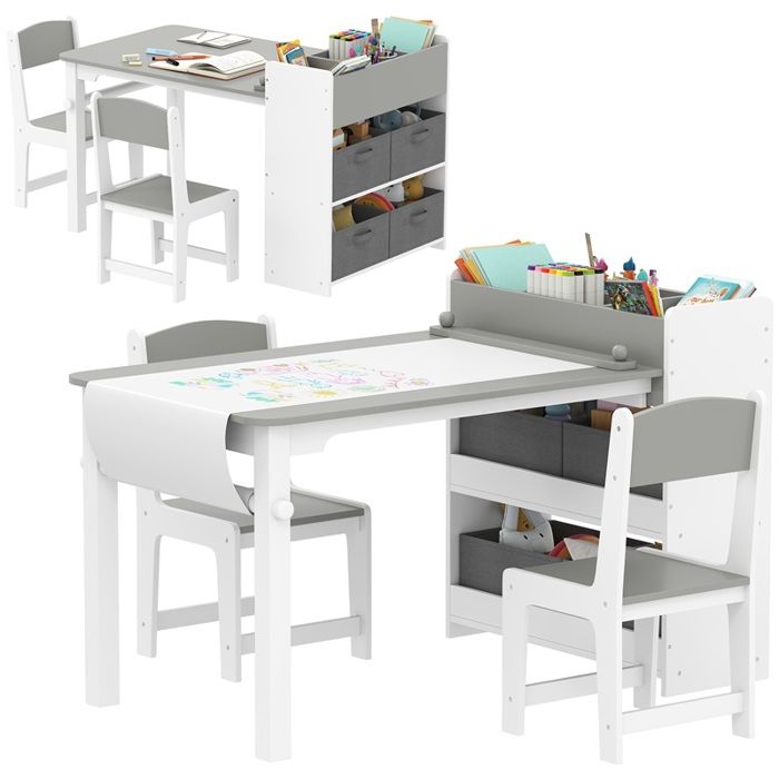 Ensemble table et 2 chaises enfant en bois avec rouleau de papier étagères et tiroirs pour fille garçon 3-8 ans gris Ensemble table et 2 chaises enfant en bois avec rouleau de papier étagères et tiroirs pour fille garçon 3-8 ans gris