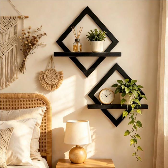 Étagère murale en bois noir - design diamant bohème - rangement mural avec fixation pour décoration intérieure