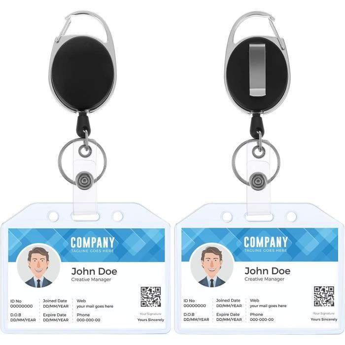 Lot De 2 Cordons Rétractables Pour Badges - 4 Porte-Cartes Inclus - Clip Nom - Noir Et Argenté - 3