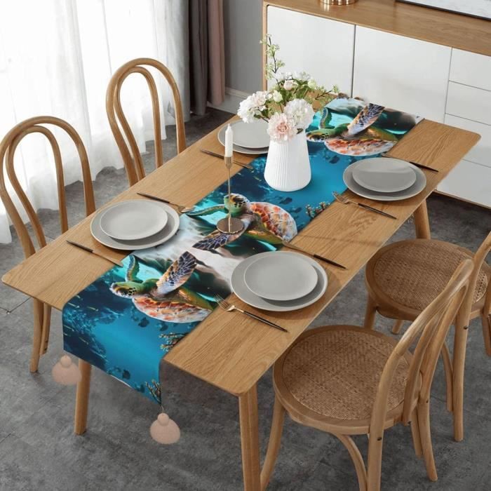 Chemin De Table Lin Beige à Pompons Brodés - 40x250 Cm - Décoration Élégante Pour Table