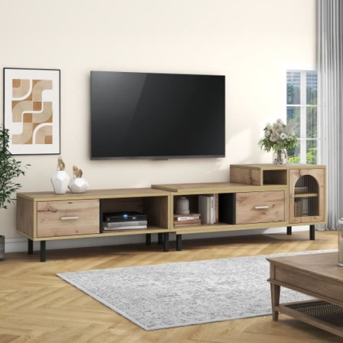 meuble tv extensible aspect,banc tv bois4 compartiments, porte vitréestyle contemporainlongueur variable 200 cm-278 cm