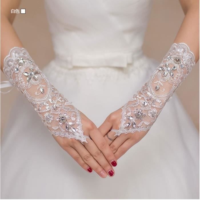 BLANC Gants de Mariage Mi Longs en Dentelle Blanche et Strass pour Femme Accessoires Elegants sans Doigts Cdiscount Pret a Porter