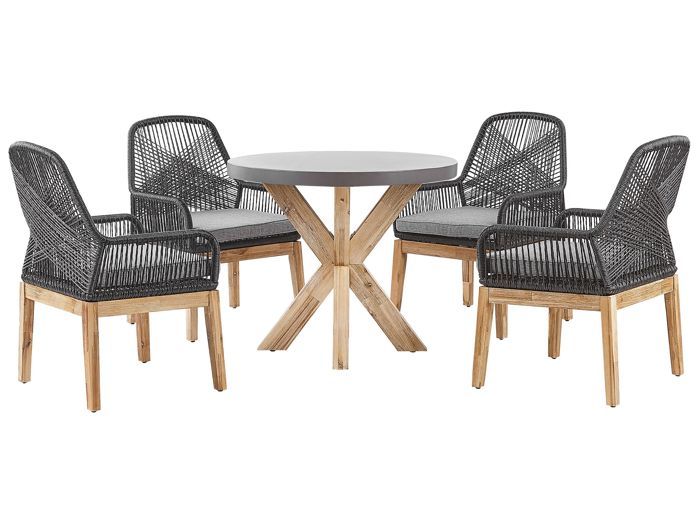 Set de jardin table ronde en fibre-ciment gris et 4 chaises noires OLBIA