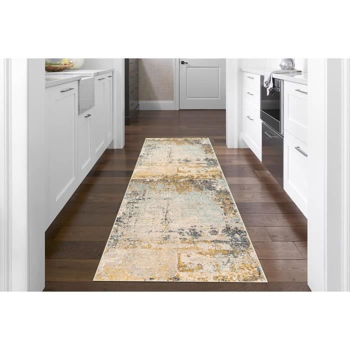 Tapis Couloir Moderne - 80x300cm - Marron - Polypropylène Oeko-Tex - Poil Ras 12mm - Facile D'entretien