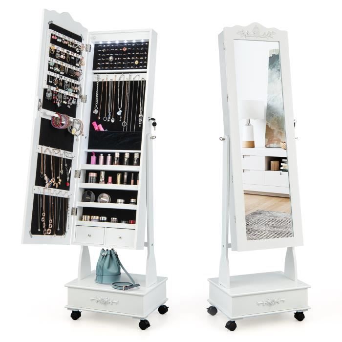 COSTWAY Armoire à Bijoux avec Miroir Pleine Longueur 4 Roues Verrouillables lumières LED et Tiroirs 3 Angles Réglables Blanc