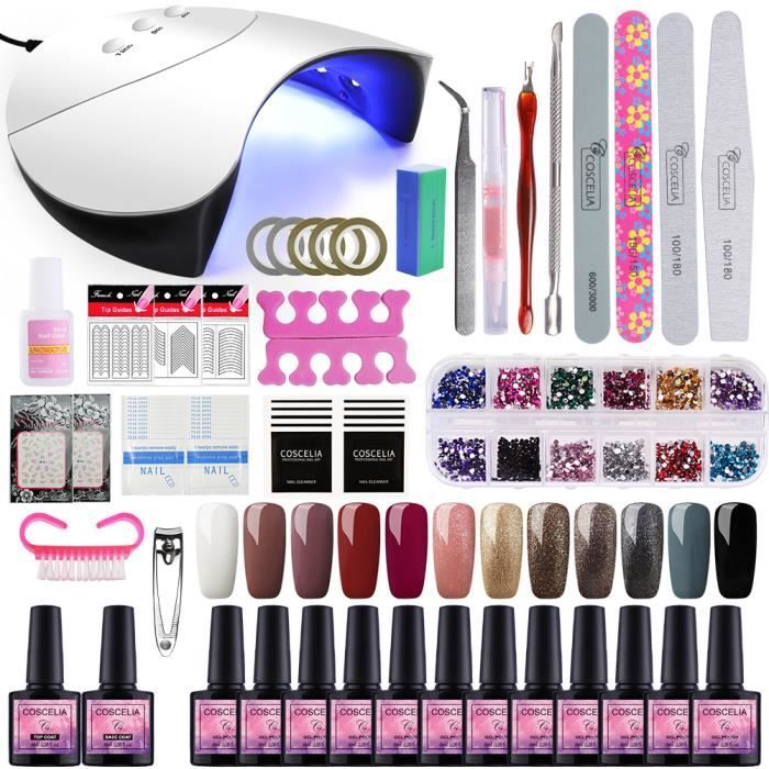 Coscelia 12pc Vernis Semi Permanent 36w Leduv Lampe Machine Soak Off Uv Gel à Ongle Top Base Coat Strass Décor Ongle Kit Manucure