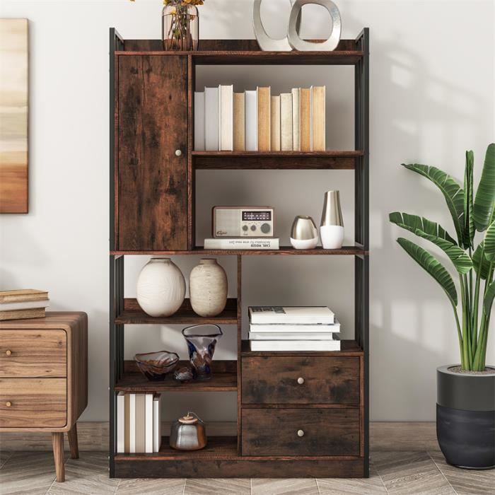 Bibliothèque - DREAMMESPACE - 100x30x173.5cm - 6 étagères - Style industriel - Marron noir