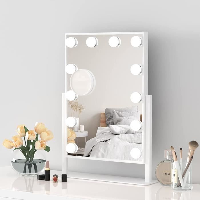 Dripex Miroir de Maquillage Lumineux 12 Ampoules Rotation à 360° Miroir  Coiffeuse 3 Modes Luminosité Réglable 30 x 41 cm - Blanc - Cdiscount Maison