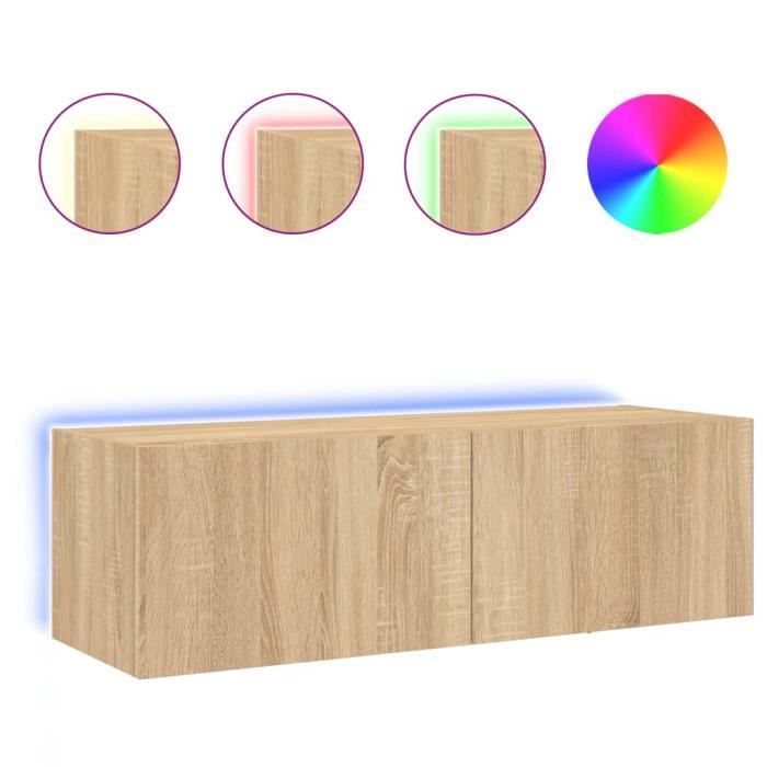Meuble TV mural - FYDUN - 117197 - Chêne sonoma - 100x35x31 cm - Lumières LED RVB