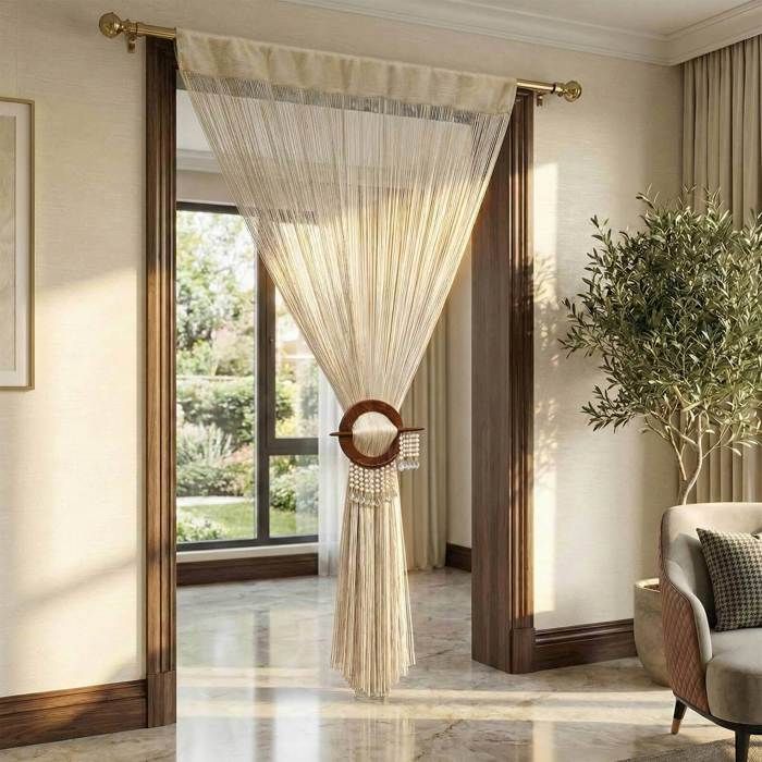 Rideau à Ficelles Gouttes De Rosée Dorées - Décoration Scintillante 90x200cm Pour Porte/fenêtre