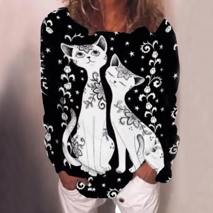 Sweat-shirt Femme Chat Imprimé - Manches Longues - Col Rond - Tissu Polyester Doux - Décontracté