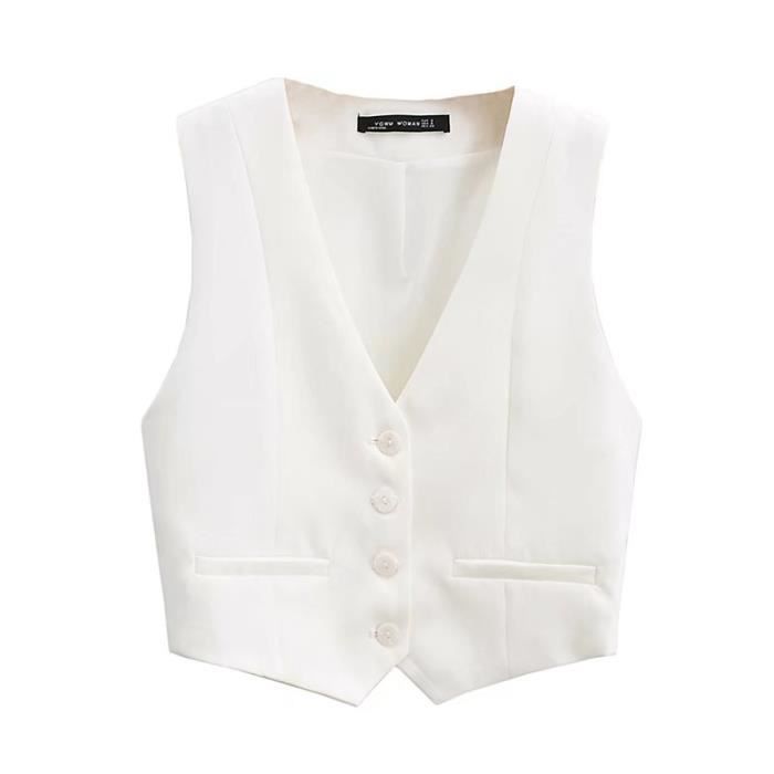 Gowjog Gilet Costume Femme Vintage Col En V Double Boutonnage - Gilets Sans Manches Élégants Avec Poches