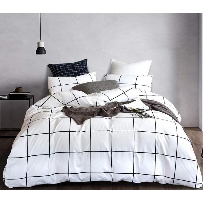 Housse de Couette 220x240cm à Carreaux +2 Taies d'oreiler avec