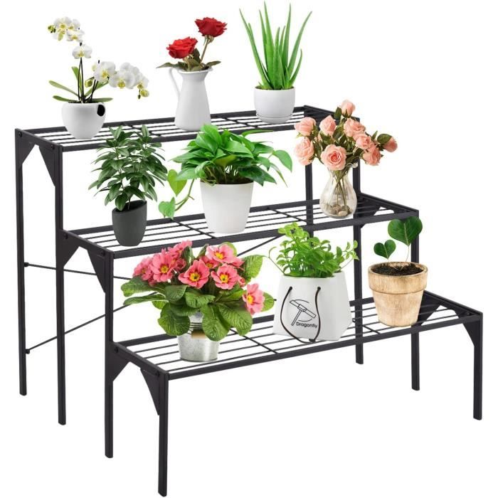 RELAX4LIFE Étagère Plante en Fer à 3 Niveaux Support pour Pot Plante pour Jardin Escalier Plante Charge Max 30KG 85x66x66CM