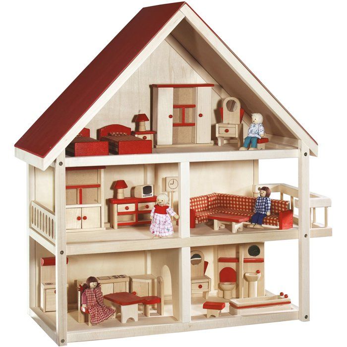 Maison de poupée en bois - ROBA - 3 étages avec 21 pièces de mobilier et 4 poupées - Naturel / Rouge