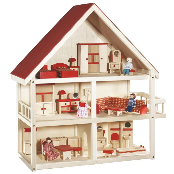 roba maison de poupée à 3 étages en bois naturel + 4 poupées et meubles miniatures -toit à pignon rouge - jouet d'imitation