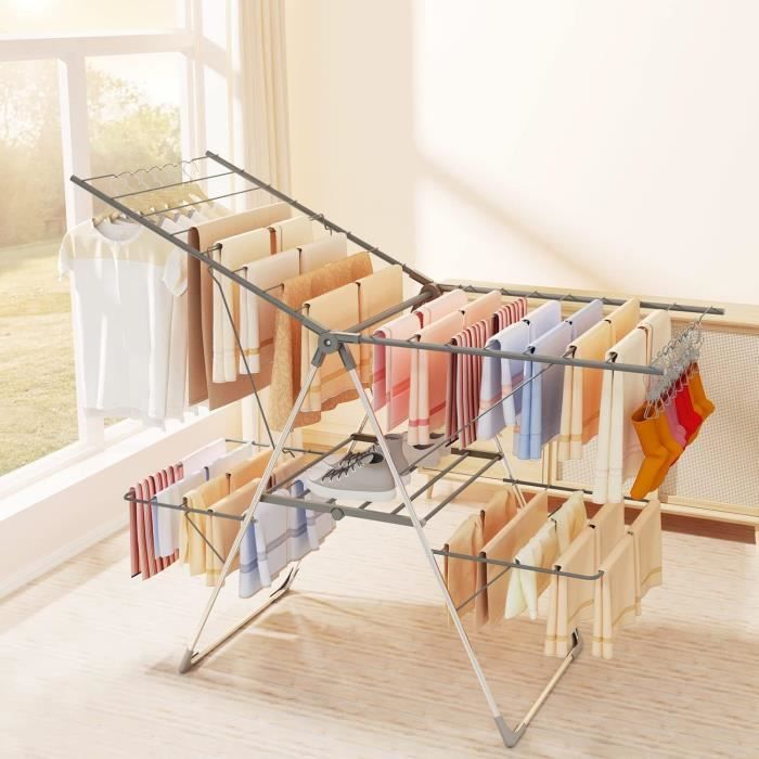 Étendoir à Linge Pliable 3 Niveaux SYKIARIOL - 11 Barres Extensibles, Dimensions 89x30x95,5 Cm Déplié - Pour Intérieur/extérieur, Blanc - Léger Et Facile à Ranger
