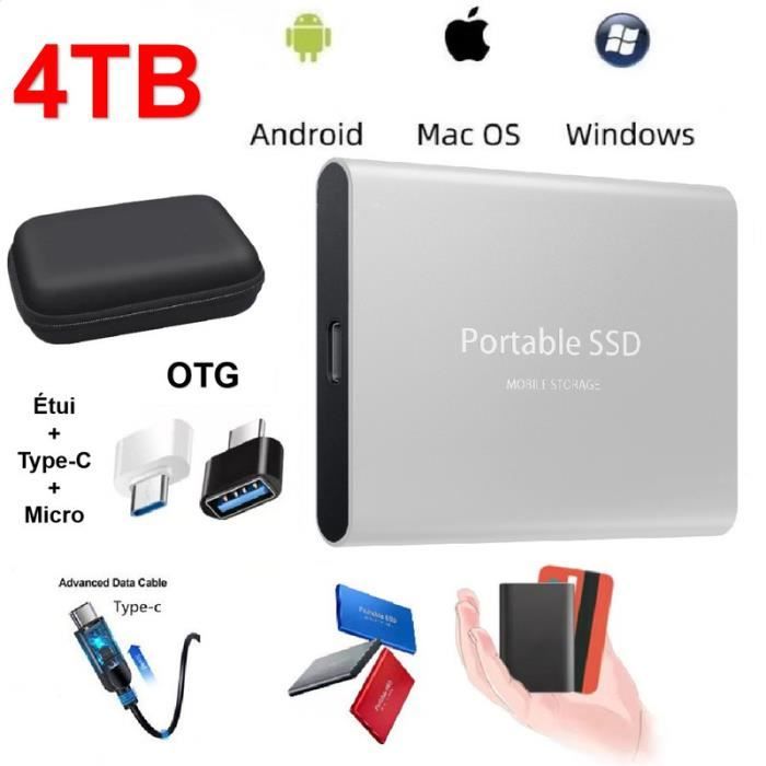 Disque Dur Externe Mini SSD Portable 4TB 4To Stockage Argent avec OTG + Étui Housse Sac de Protection