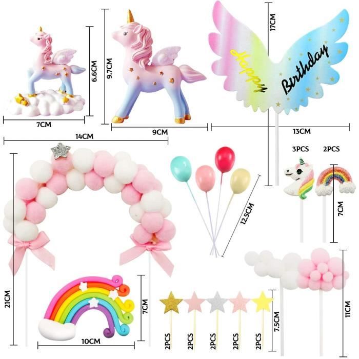 21pcs Unicorn Cake Topper Kit Cloud Rainbow Balloon Joyeux anniversaire  Bannière Décoration de gâteau pour garçon fille enfant anniversaire
