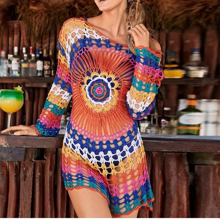 Robe Robe De plage en Crochet resille ajouree pour femmes pareo pour la plage pour Bikini vetements d ete 2019 Type Beige Blanc Cdiscount Pret a Porter
