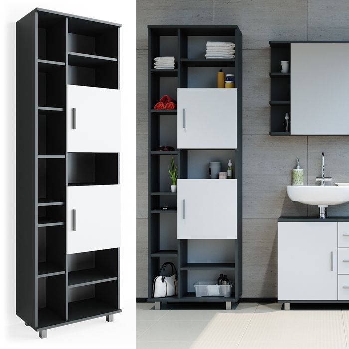 Meuble Rangement Salle De Bain J-Shape Vicco – Blanc/Anthracite 30x95 Cm – 2 Tiroirs, Design Moderne & Pratique