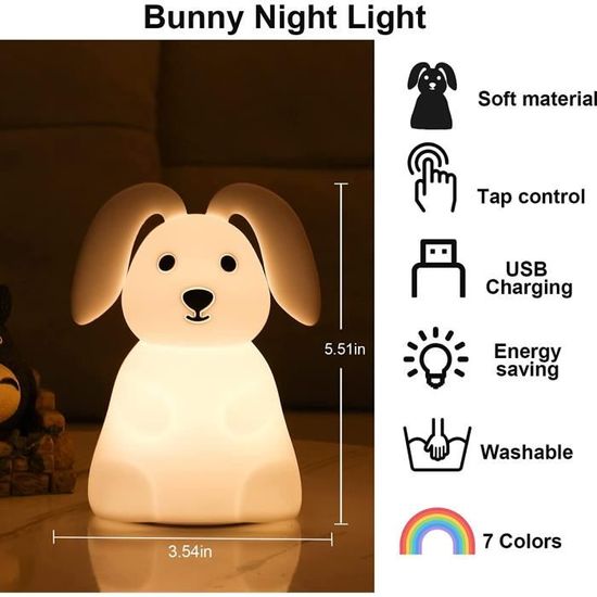Veilleuse Lapin SOLIDEE - 7 Couleurs, USB Rechargeable | Timer 3h, Silicone Doux Pour Enfant