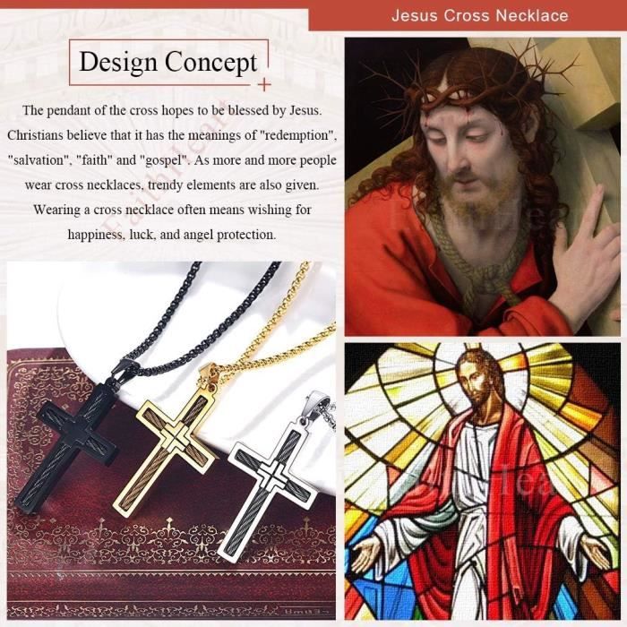 Collier Croix Chrétienne En Acier Inoxydable - Pendentif Avec Chaîne Réglable 55+5 Cm, Cadeau Baptême Ou Communion