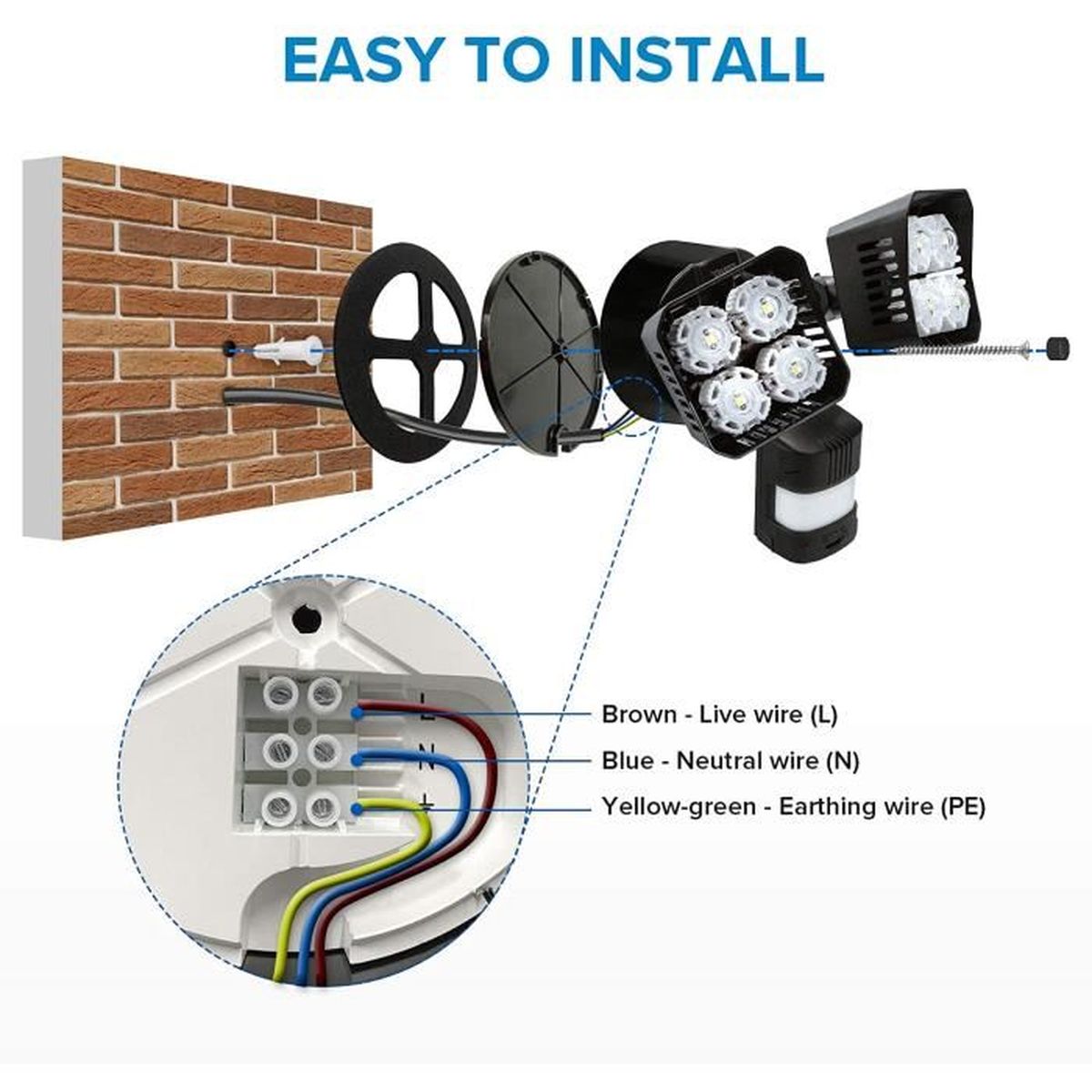 3600 lm 5000 K lumière de sécurité LED SANSI Projecteur LED 36W avec détecteur de mouvement lampe extérieure LED avec détecteur de mouvement IP65 étanche pour garage noir 