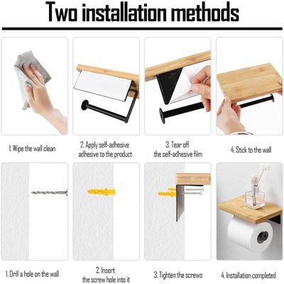 Porte-papier Toilette En Bambou Et Acier Inoxydable - Sans Perçage, Avec étagère - Fixation Murale Facile