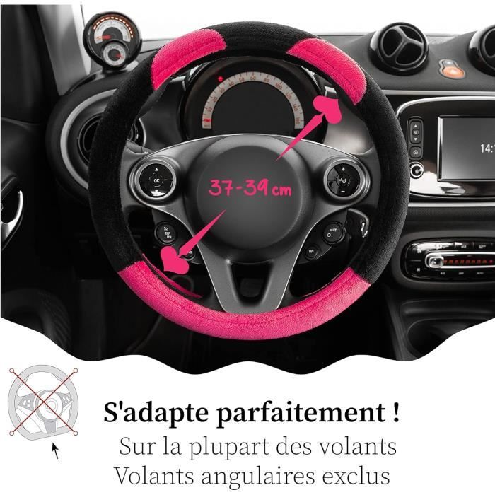 Couvre Volant Voiture Peluche Rose Noir, Accessoires Auto Interieur, Housse Taille Universel 37-39 Cm