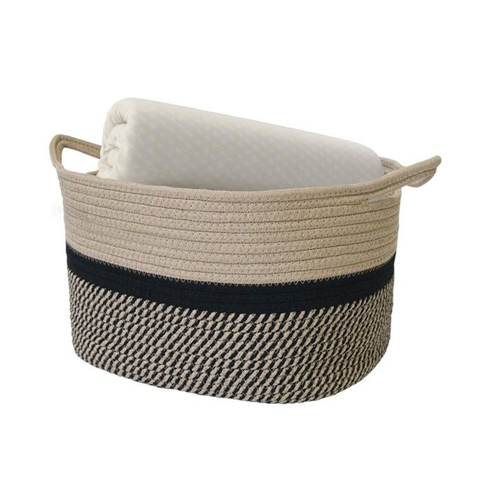 Panier De Rangement En Corde De Coton Tressée Avec Poignées | 34 X 28 X 24 Cm - Jute & Noir - Idéal Salon, Chambre, Salle De Bain
