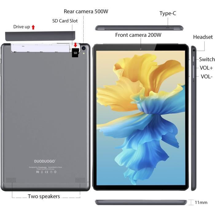 Tablette Android 13, Tablette Tactile 10.6 Pouces 8 Go RAM 64 Go ROM, 1280×800 IPS HD