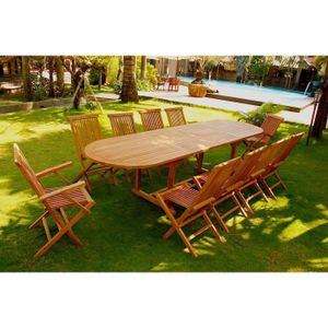 Ensemble table et chaise de jardin Kajang : Salon de jardin Teck massif 10 personnes 