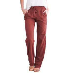 PANTALON DE SPORT Pantalon Ample Décontracté à jambe Large en coton et Lin de couleur unie pour Femmes Vin rouge