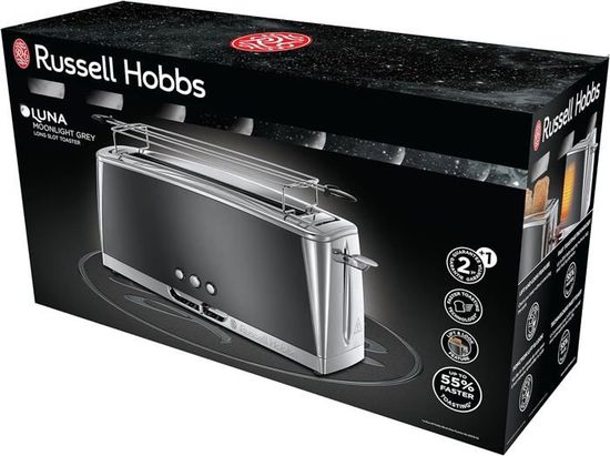 Russell Hobbs Grille-pain 2 Tranches - Fente Longue Pour Baguette - 6 Niveaux De Brunissage - Design Luna Rouge Inox - 1420W
