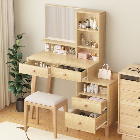 Coiffeuse Avec Miroir Et Tabouret 7 Tiroirs - Noyer, Miroir Rotatif, 3 Lumières LED Réglables - 13