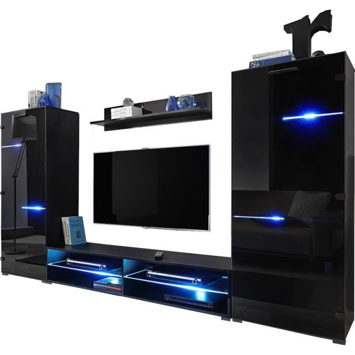 Extreme Furniture Meuble TV Mural Modern Black - LEDs multicolores avec télécommande - Noir Brillant & Noir - Façades en Brillant -
